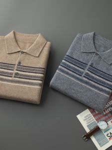 Fashionable Fall/Winter New Arrival POLO Collar Thick Knitted Sweater Striped Wool Base Shirt for Men Business Casual Style
