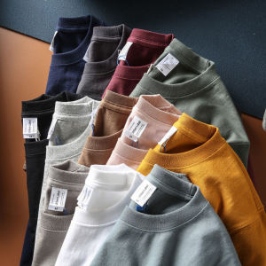 Heavy Weight Cotton Washed Amekaji Mens round Neck Solid Color Minimalist Casual All-Match Short-Sleeved T-shirt Couple