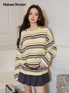 Maison Wester Autumn New Loose round Neck Knitted Sweater Yellow Brown Stripes Womens Casual Style Polyester Wool Acrylic