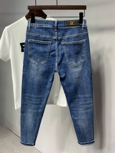 Slim Fit Mens Jeans Washed Blue New Fashion Elastic Nine Points Pants Youth Popular Casual mid Low Waist Straight Leg Jeans