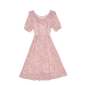 LoLang Summer Floral Print French Vintage Style Womens Dress Slim Fit Waist Cinched Short Sleeve Midi Length Fresh Style Skirt