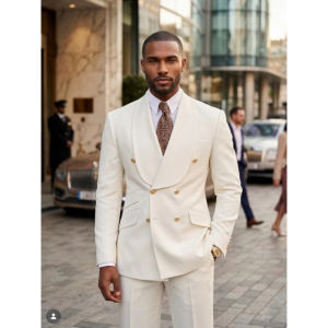 Ivory Mens Suits Shawl Lapel Double Breasted Formal Clothes for Wedding Groom Tuxedo Custom 2pcs Jacket Pant Slim Fit