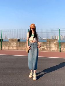 Cargo Retro Blue Washed Long Front Slit Denim Skirt Korean Style Casual Fashion Plus size midi
