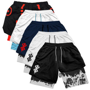 Skull Print 2 in 1 Workout Running Shorts for Men Gym Sporty Athletic Quick Dry Shorts Summer Casual Shorts with Side Pockets