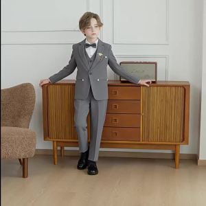 5pcs Formal Suit for Kids Boys Gentleman Suits British Suit 2-15years old Americana Suit Tuxedo Suit Baby Boy Jacket Blazer Pants Attire Set Party Birthday Wear Wedding Outfit and Piano Performance Baptismal Set