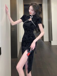 Váy Sườn Xám Cổ Điển Mới 2024 Váy Dài Bó Eo Cao Cho Nữ Váy Dự Tiệc Mùa Xuân Bằng Vải Nhung Màu Trơn