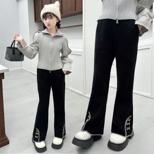 กางเกงขายาวทรงหลวมสบาย ๆ สำหรับเด็กผู้หญิง กางเกงขายาวทรงกระบอกฤดูใบไม้ผลิและฤดูใบไม้ร่วง สำหรับเด็กอายุ 3-12 ปี ระบายอากาศได้ดี