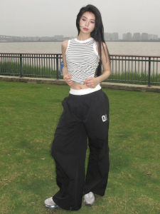 Street Style Loose Womens Work Pants Double Waist Head Color Block Casual Wide Leg Trousers Long Pants Autumn Fashion