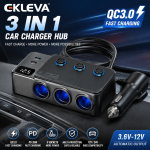 EKLEVA 120W Fast Car Charger Adapter 3 USB Socket 12V 24V PD QC3.0 Car Lighter Splitter With Voltage Display Multifunctional