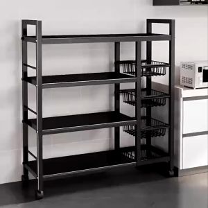 ชั้นวางของในครัว พร้อมหล้อ 4ชั้น มาพร้อมตะกร้า ชั้นวางของเหล็ก มัลฟังก์ชั่น เคลื่อนย้ายได้ ประหยัดพื้นที่ในบ้าน สามารถวางไมโครเวฟ เเข็งเเรงทนทาน