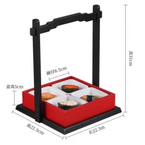 Creative Dining Utensils Wind Red Black Square Plate with Handle Four Grids Cold Dish Snack Plate Tea Time Ceramic Tray