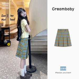 Sweet Retro JK Skirt Womens Mini A-Line Midi Skirt High Waist Checkered Pattern Yellow Blue Color Block College Style Summer Skirt