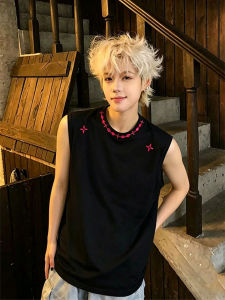 OUMULONG | Contrast Color American Embroidered Heavyweight Small Collar Tank Top