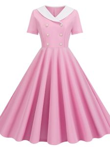 Sweet Summer New Doll Collar Double Breasted Silm A- line Pink Short Sleeve Casual Mid-Length Large Swing Dress Women
