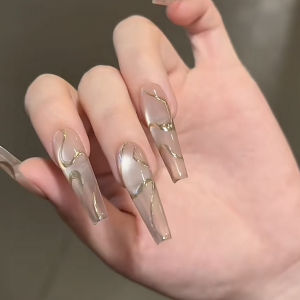Cool Long Handmade Gold Thread Cat Eye Water Light Nail Tips Wearable Long Staircase Design False Nails Easy to Remove Beauty Tools