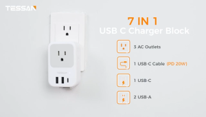 TESSAN PD 20W Wall Charger with USB-C Retractable Cable and 3 USB Ports for Home Use