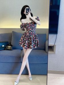 Summer Floral Print A-Line Dress Womens Sweet Style Square Collar Bubble Sleeve High Waist Zipper Short Skirt Princess Dress