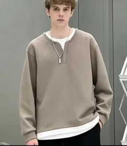 Spring and Autumn New Men Henley Neck T Shirt Long Sleeve Casual Solid Color T-Shirt Fashion Waffle Fake Two-Piece Sweatshirts