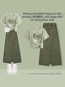 NUMEN BUTTON | Plus Size Early Summer Casual Wear Set Slimming Denim Skirt & Round Neck Top