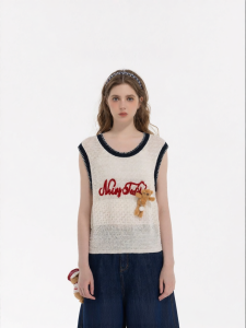 Cute 3D Bear Decor Color Block Comfortable Ladies Tank Top