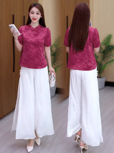 YOUFAN | Mandarin Collar New Chinese Style Jacquard Short Sleeve Retro Buttoned Womens Shirt