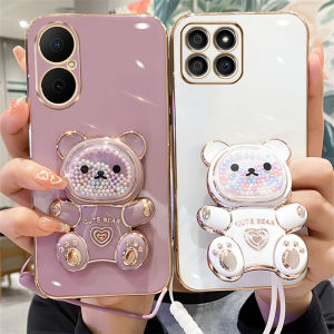 Ins Phone Case Huawei Nova Y73 Honor X6C NovaY73 New Trend Cute Cartoon Ultra-thin Soft Casing with Fashion Quicksand Bear Stand and Lanyard 2025