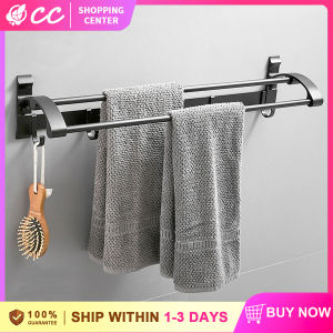【Rustproof Aluminum Alloy】 Self Adhesive Bathroom Dual Towel Racks No Drilling Punch-free Towel Bar with Hooks Wall Mounted Fast Installation Kitchen Washingroom Hanging Accessories