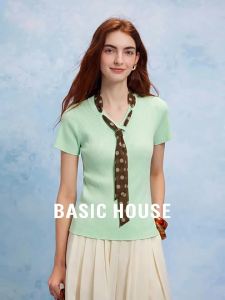 Basic House | Green Knit Polka Dot Tie V-neck Design Womens Top