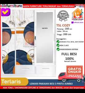 KLIKFURNITURE XTRA LARGE Lemari Pakaian Besi 3 Pintu Sliding Cermin Laci TSL 200 COZY