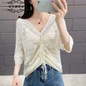 Spring Summer New Loose V-Neck Drawstring Hollow Knitted Sweater Overhead Short Thin Womens Slimming Korean Style Top