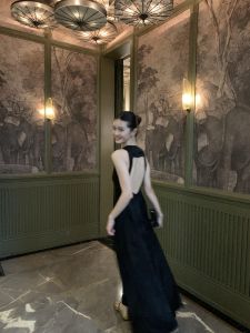 Nalysa Minimalist Deep V-neck Sleeveless Vest Dress Black Camisole Dress Loose Backless Long Dress Birthday Dress