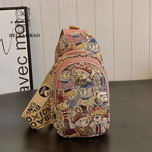 Casual Canvas Crossbody Bag with Cartoon Bear Design and Inner Patch Pocket Original Design Womens Trendy Fashion Waist Bag