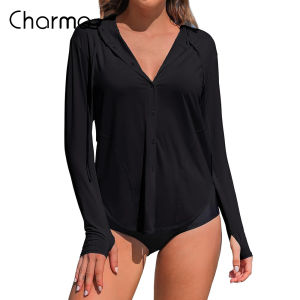 Charmo เสื้อกันผดผื่นสำหรับผู้หญิง UPF 50 + เสื้อชายหาดมีฮู้ดกระดุมเสื้อผ้าป้องกันแสงแดด