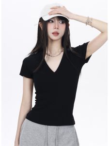 Black Shoulder Insert Short Sleeve T-Shirt Women Summer 2025 New Style Slimming V-Neck Sweet And Spicy Trendy Top for Small Figures
