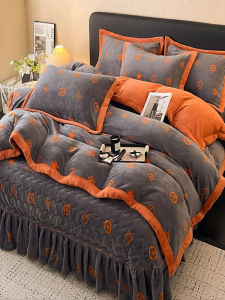 Thickened Warm Milk Velvet Cotton Sandwich Bedding Cover Four Piece Set Winter Coral Fleece Bed Sheet Plush Quilt Cover