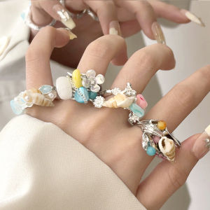 New Chinese Style Natural Shell Sea Snail Crystal Stone Ring for Women High-End Feelings Colorful Open Stackable Trendy Ring