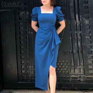 ZANZEA Korean Style Women U Neck Short Sleeve Party Elegant Midi Dress Wrapped Irregular Dress #11