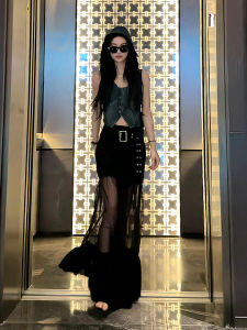 NANNI เดนิม คอคล้องคอ แขนกุด เสื้อกั๊ก ผู้หญิง สูง เอว กระโปรงทรงเอ ความยาวปานกลาง สีดำ ฤดูร้อน แฟชั่นเกาหลีสไตล์ใหม่