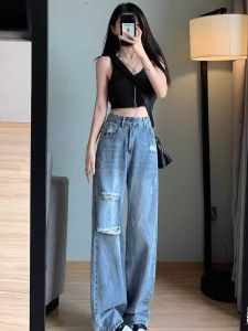 กางเกงยีนส์ขาดเอวสูงทรงหลวมขาตรงสำหรับผู้หญิง กางเกงขายาวทรงหลวมสำหรับผู้หญิงไซส์ใหญ่ในฤดูร้อน กางเกงยีนส์ทรงสลิมฟิตสำหรับผู้หญิง