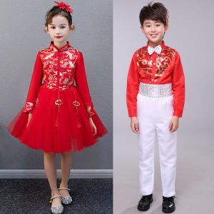 Childrens New Year Performance Costume Red Festive Tang Suit Princess Skirt Outfit for Girls Poetry Recitation Chorus
