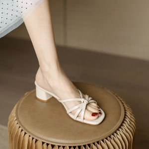 Kfelin Summer 2025 Chunky Heel Slip-On Sandals Strap Versatile mid Heel Outdoor Wearable Flat Heel Fashionable Solid Color