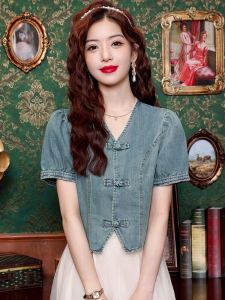 New Chinese Style National Trend Button down Denim Shirt Jacket Womens Summer 2025 Design Sensation Short Shirt