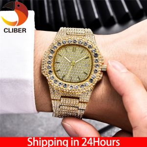 CLIBER 【With Free Box】Hip Hop Full 1Row Iced Out Mens Watches Luxury Date Quartz Wrist Watches Stainless Steel Watch For Women Men JewelryNew New