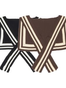 ผ้าพันคอถักลายทางสองด้านสำหรับผู้หญิง แฟชั่นฤดูใบไม้ผลิและฤดูใบไม้ร่วง ผ้าคลุมไหล่แบบถักสำหรับนักเรียน ผ้าคลุมไหล่แบบถักลายทางสีน้ำเงิน