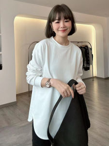 White Long Sleeve Split Base Shirt Womens 2025 New Spring Loose Slimming Mid-Length Inner Wear T-Shirt Korean Style Commute