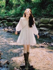 Elegant Bohemian French Doll Dress White Long Sleeve Womens Early Autumn Summer Small Size Holiday Style A-Line Dress