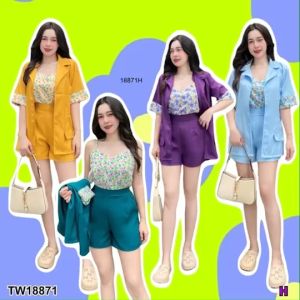 เสื้อปกสูทแขนศอก 3 ชิ้น + สายเดียวลายดอกไม้ + กางเกงขาสั้น