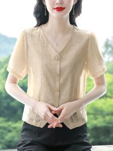 Elegant Short V-Neck Womens Shirt Chiffon Top Stylish Compact Design Summer Fashionable High-End Small Shirt Female Fashion