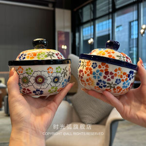 Hand-Painted Ceramic Small Slow Cooker with Lid Soup Bowl Steamed Egg Soup Bowl Dessert Bowl for Home Use Nordic Style