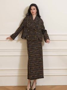 Elegant French Style Tweed Suit Golden Brown